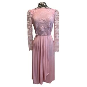 Vintage 80s Pink‎ Midi Dress XS Lace Lightweight Balletcore Cottagecore Wedding